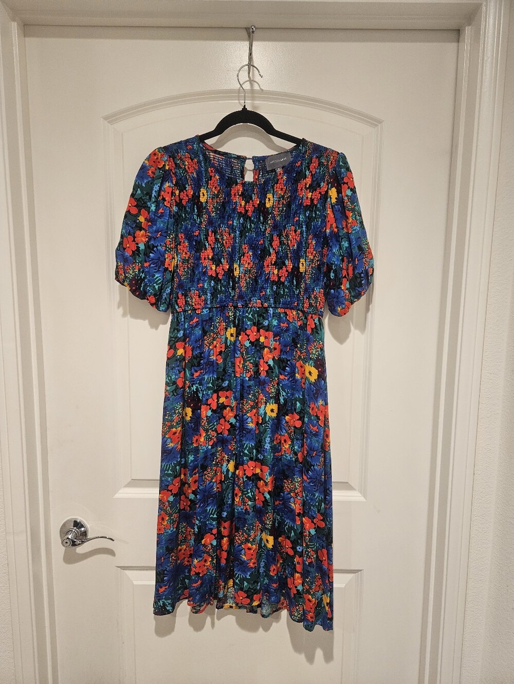 Vibrant Blue Floral Midi Dress with Smocked Bodice By Hudson Gray # 955